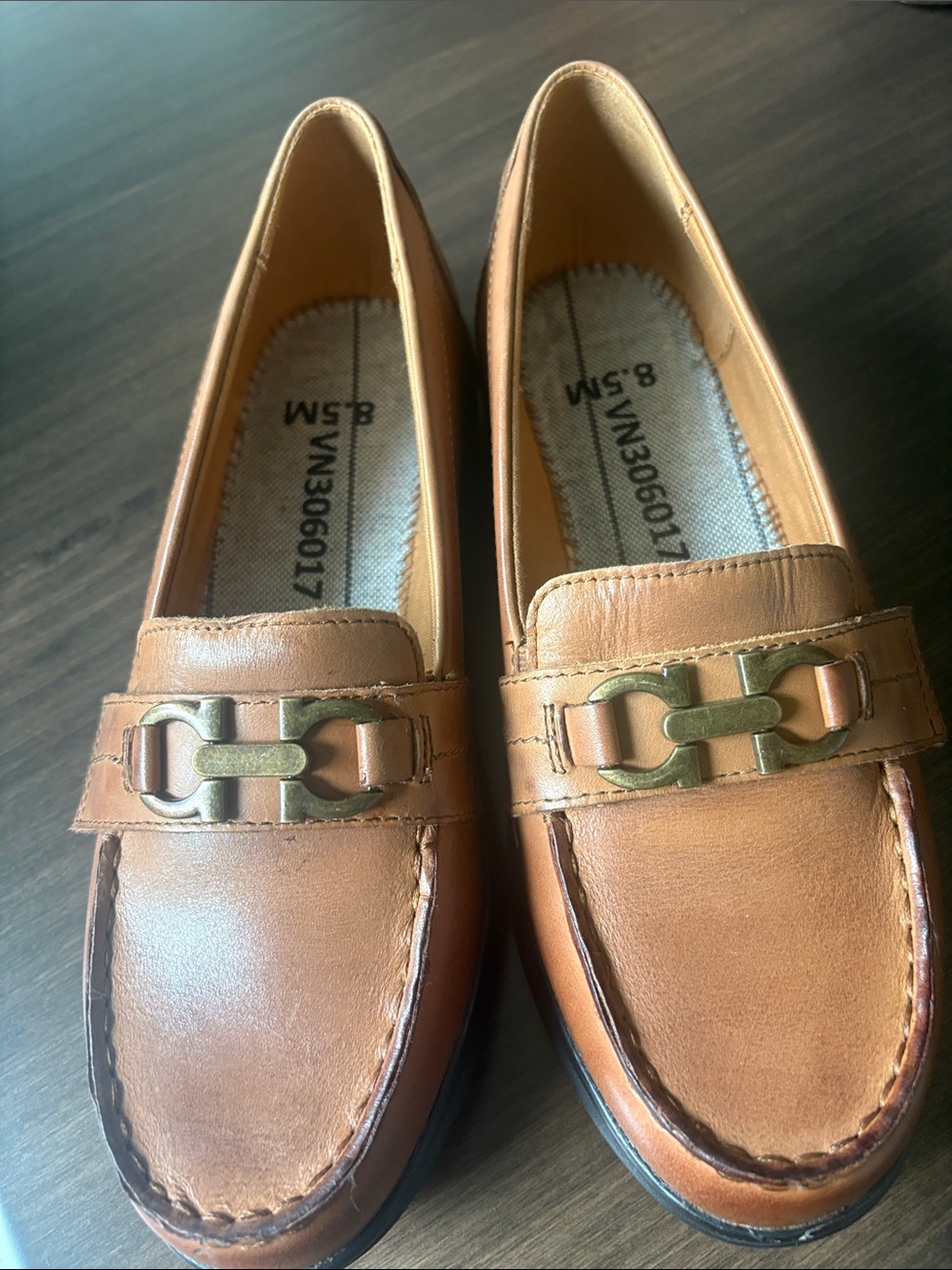 Tan Leather Slip-On Loafers with Gold Accent